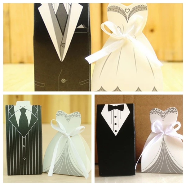 100 шт./лот = 50 пар черный смокинг и белое платье свадебные коробки для свадебных