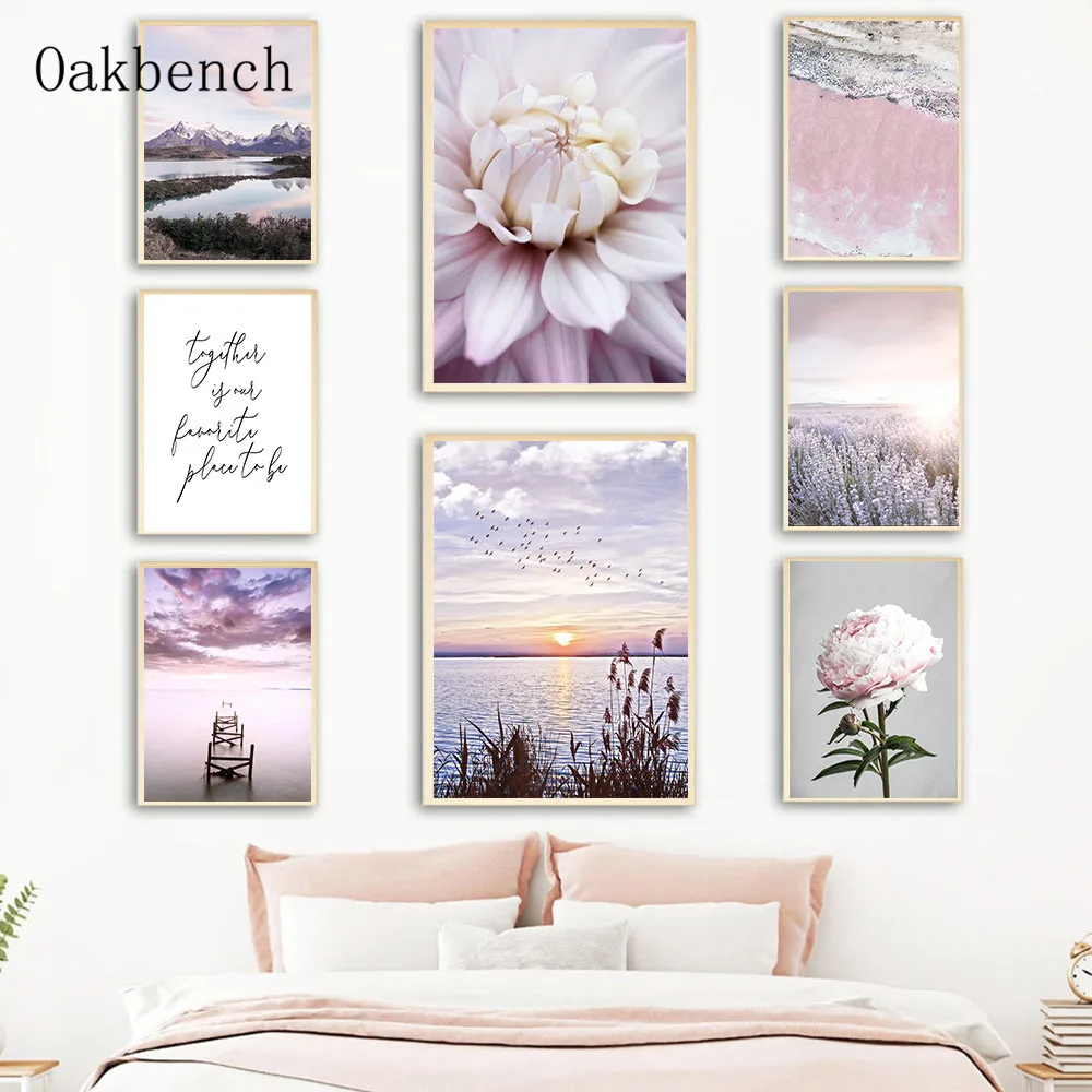 

Nordic Wall Canvas Painting Blooming Flower Lavender Poster Landscape Print Mountain Lake Posters Modern For Living Room Decor