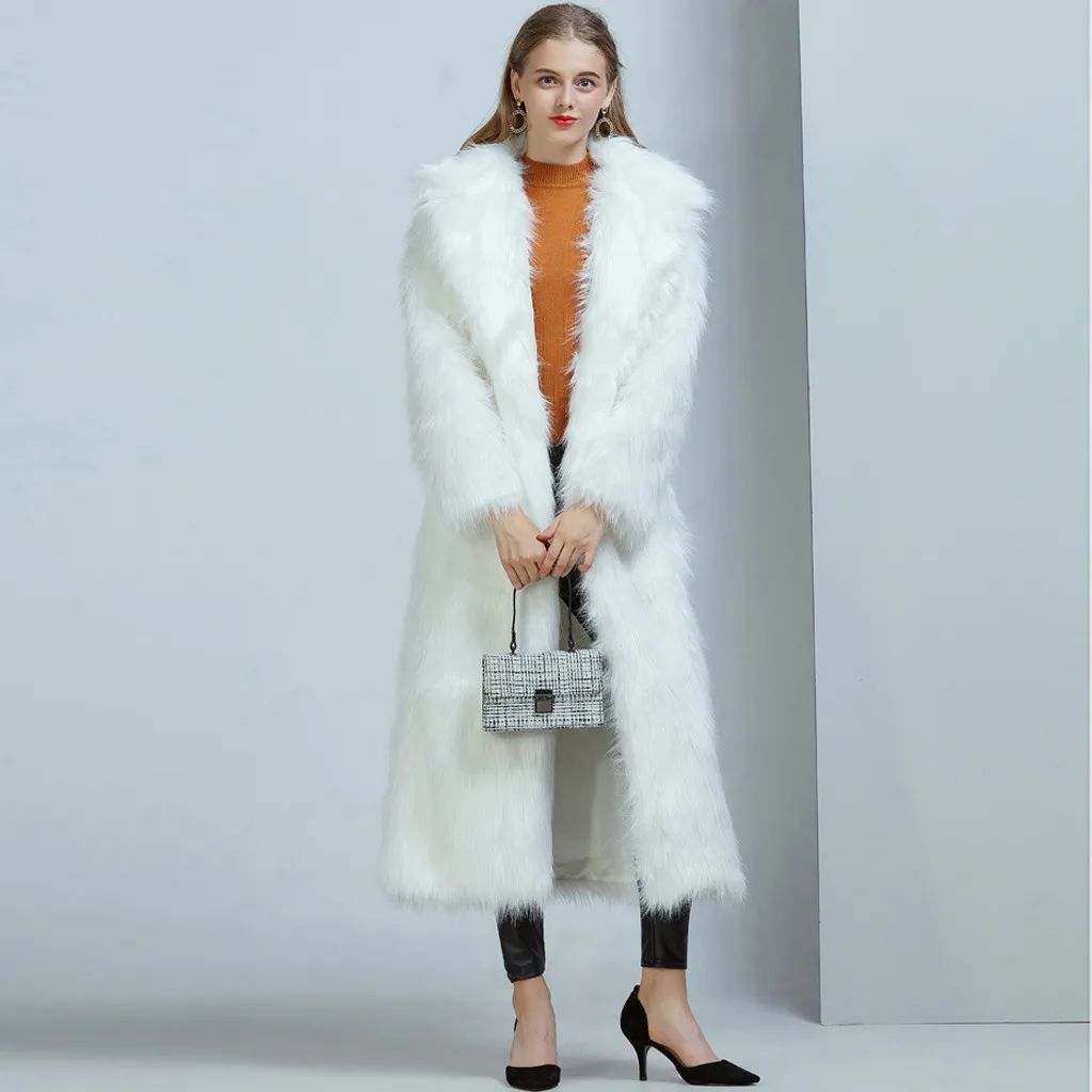 White Ladies Faux Fur Wool Lamb Long Coat Fashion Women Outwear Long Sleeves Warm Coat Plush Jacket Long Overcoat Solid Plus Size - Цвет: White