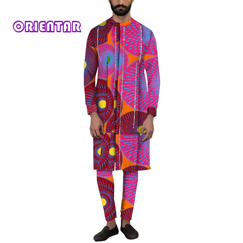 

ORIENTAR Mens Top Pants 2 Pieces Outfit Set African Clothes Bazin Riche African Clothing for Men Long Shirt with Trouser WYN1534