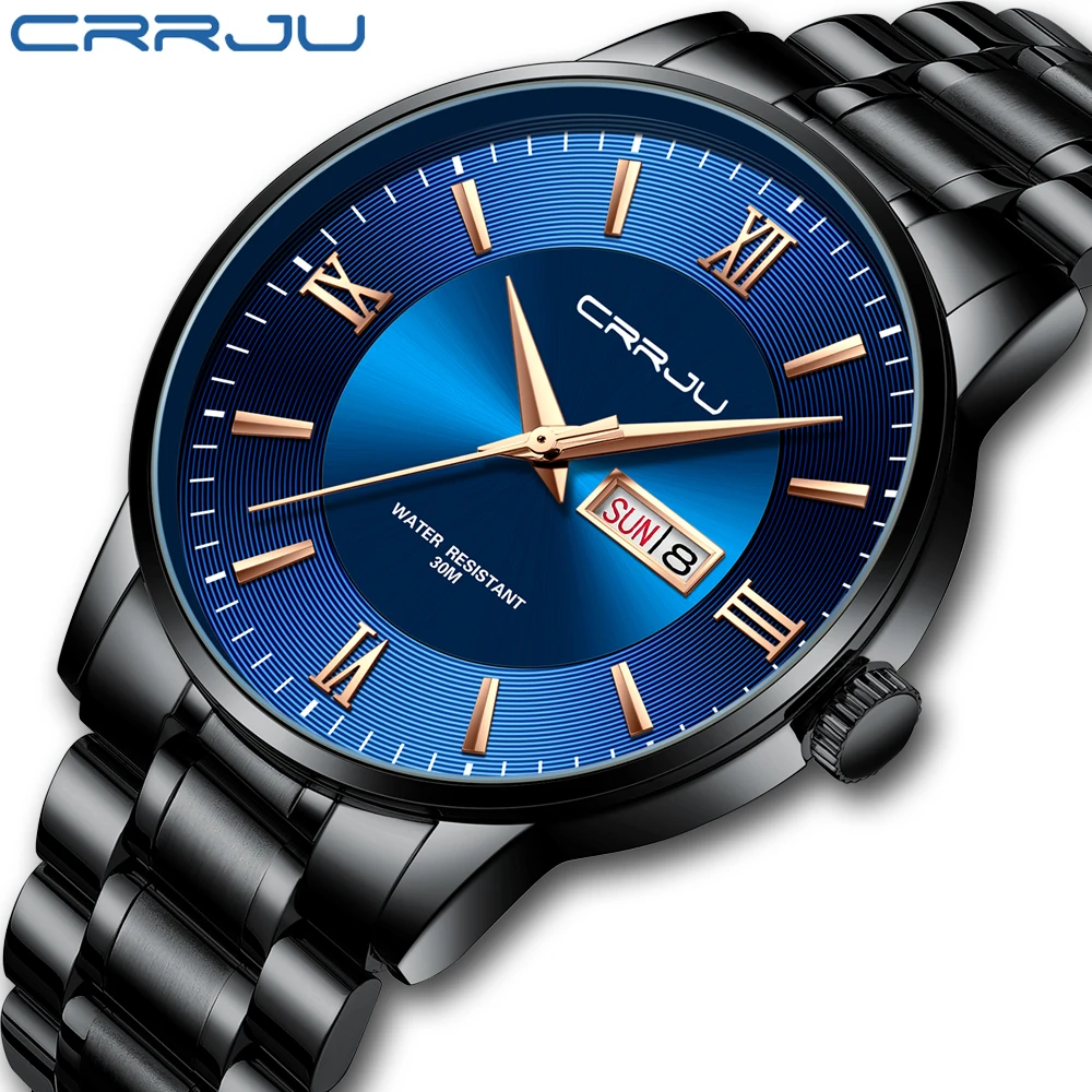 

CRRJU Fashion Watches Men Brand Luxury Business Gentleman Watch Men Stainless Steel Week and Date Display Quartz Watch Clock