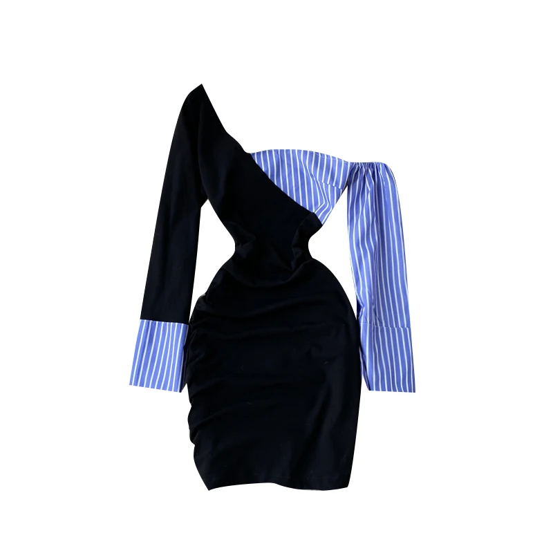 

Spring New Vestidos Female Off-shoulder Oblique Collar Long-sleeved Contrast Color Stitching Slim Bag Hip Mini Dress GK589