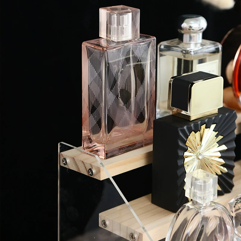 Acrylic & Wood Display Stand, 4-Step Clear Display Riser Wood Shelf for Displaying Figures, Jewelry, Perfumes Stand