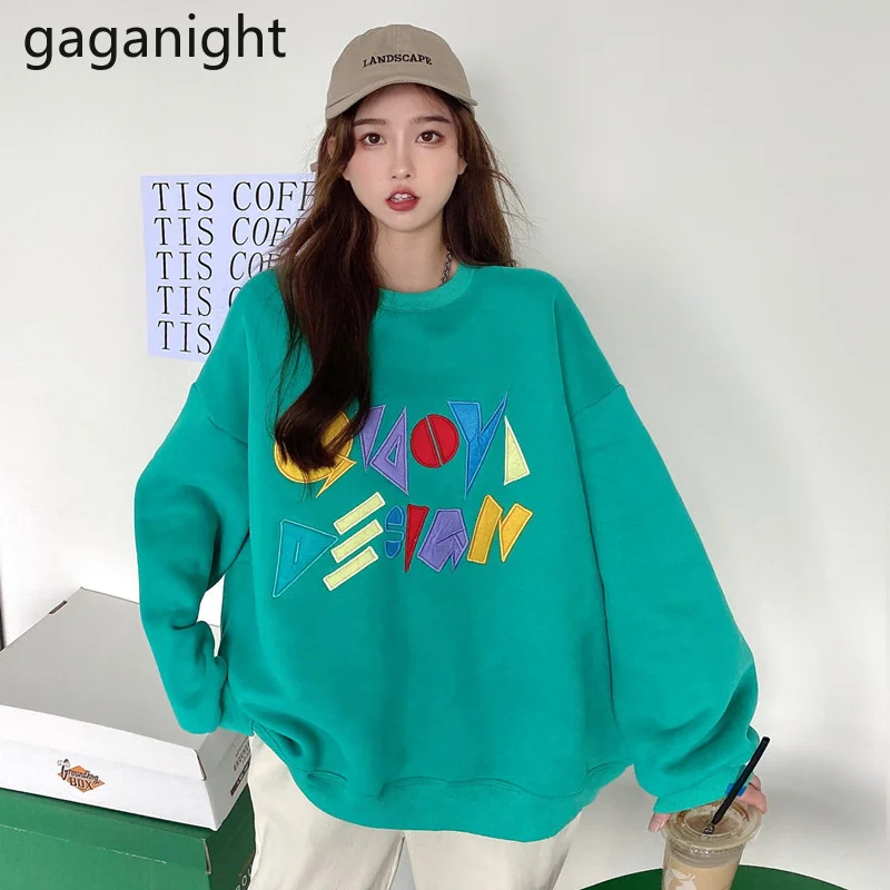 

Gaganight Women Plush Thick Sweater 2021 Autumn Winter New College Style Color Contrast Loose Hoodless Long-sleeved Shirt Female