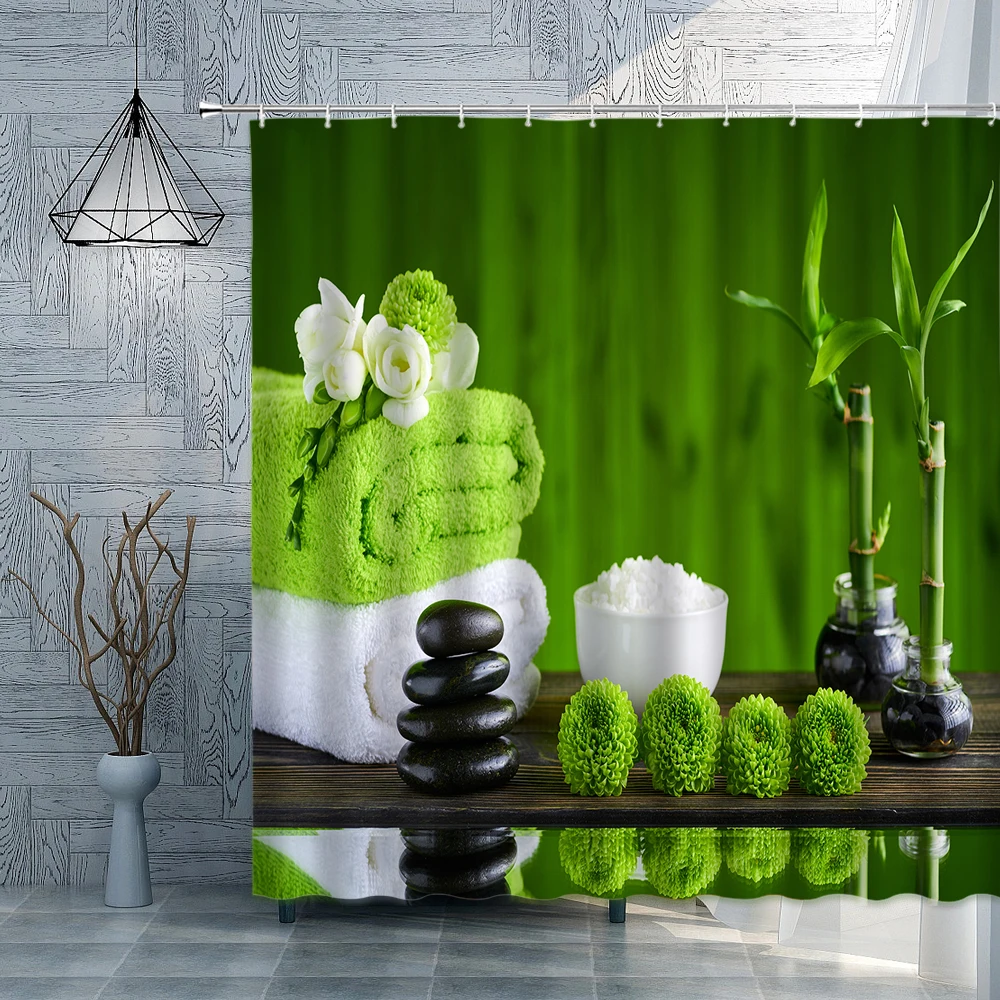 

Green Shower Curtain Zen Stone Bamboo Plants Water Flowers Leaves Polyester Fabric Curtains Bathroom Decor Screens Set Washable