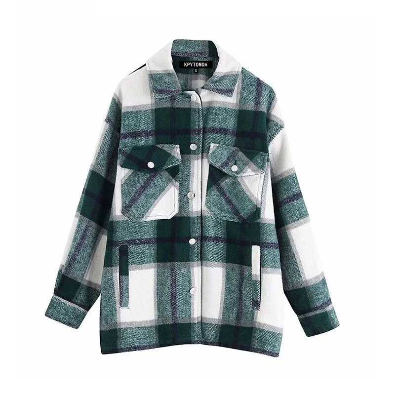 

Vintage Stylish Pockets Oversized Plaid Jacket Coat Women 2021 Fashion Lapel Collar Long Sleeve Loose Outerwear Chic Tops