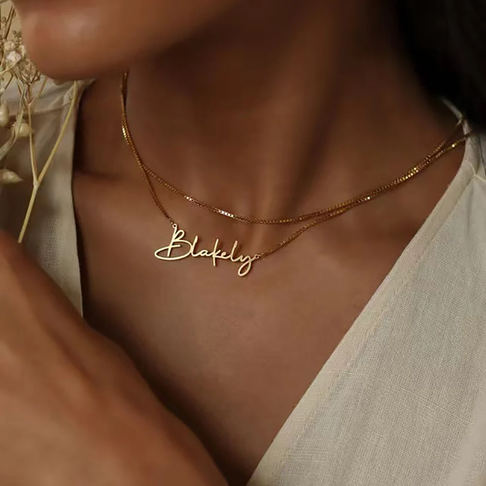 

Memento Custom Gold Necklace Personalize Stainless Steel Box Chain Signature Lettering Will Never Fade Christmas Gifts For Women