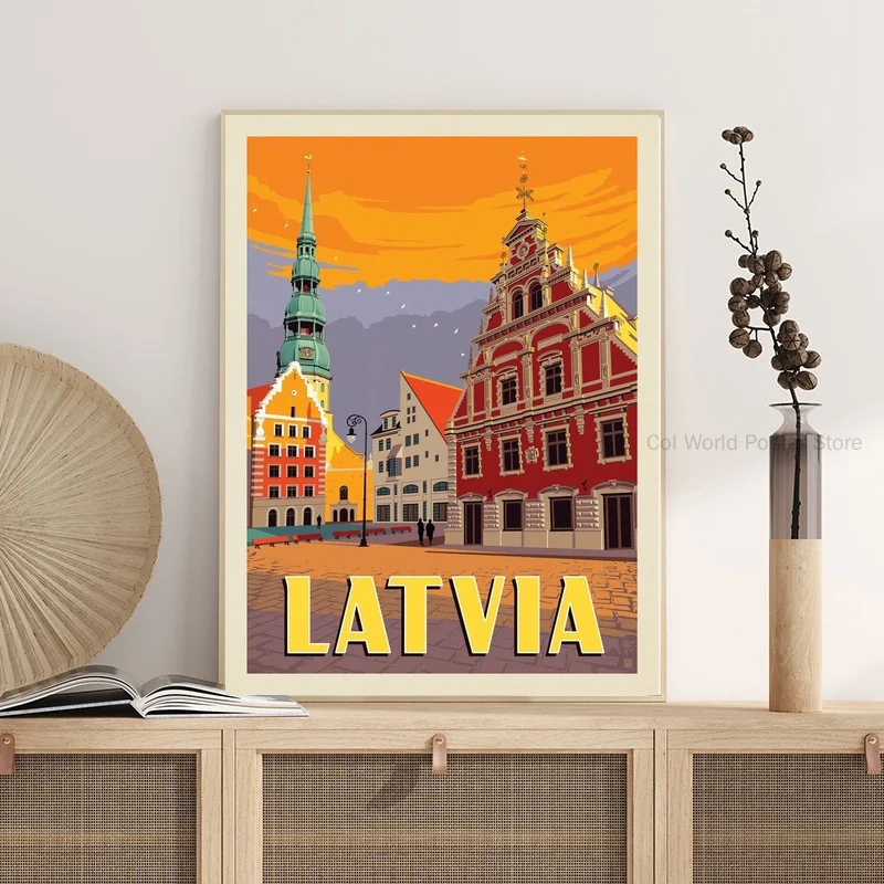 

Латвийский постер для путешествий, иллюстрация путешествий, винтажный постер, Холщовый постер