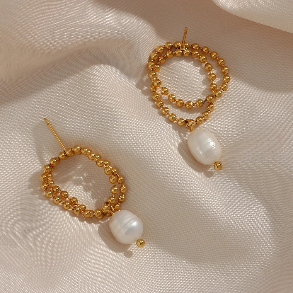 

New Fashion Stainless Steel Bead Chain Freshwater Pearl Pendant Earrings 2021 Gold Plated Pearl Earring for Women