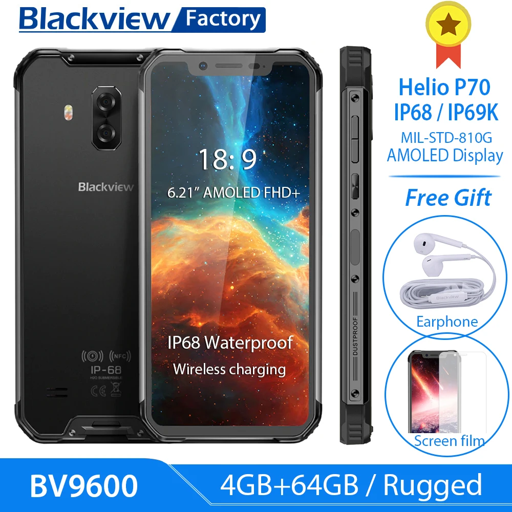 BLACKVIEW BV9600 6,21 дюймов FHD+ P70 AI Мобильный Телефон IP68 Face ID смартфон 16MP 4 Гб+ 64 Гб Беспроводная зарядка NFC Android 9,0 4G LTE