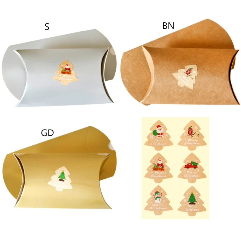 

K3NA 30 Sets Pillow Shape Xmas Candy Paper Bags Christmas Wedding Gift Packaging Boxes with Stickers Party Favors Wrapping