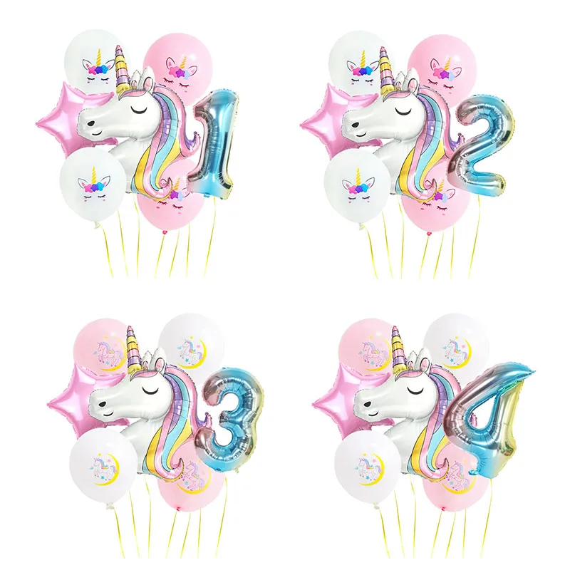 

7pcs Rainbow Unicorn Balloon Number Birthday Party Decoration Kids Baby Shower Helium Ball Theme Latex Color Balloons