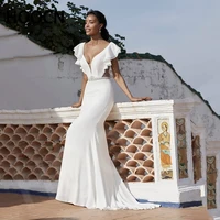herburnl simple wedding dress sexy ruffle fashion belt satin slim mermaid dress ivory prom beach temperament new