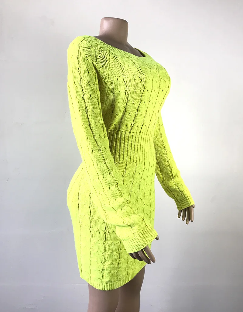 

Mid Long Sweater Dress Fashion Fluorescent Green Hemp Flower Women Sweater Bandage Bodycon Sexy Sweater