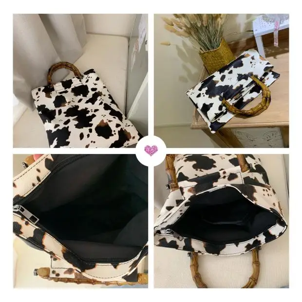 

2020 new ins wind bag female retro milk cow pattern large capacity bamboo handbag fashion bolsa feminina torebki damskie