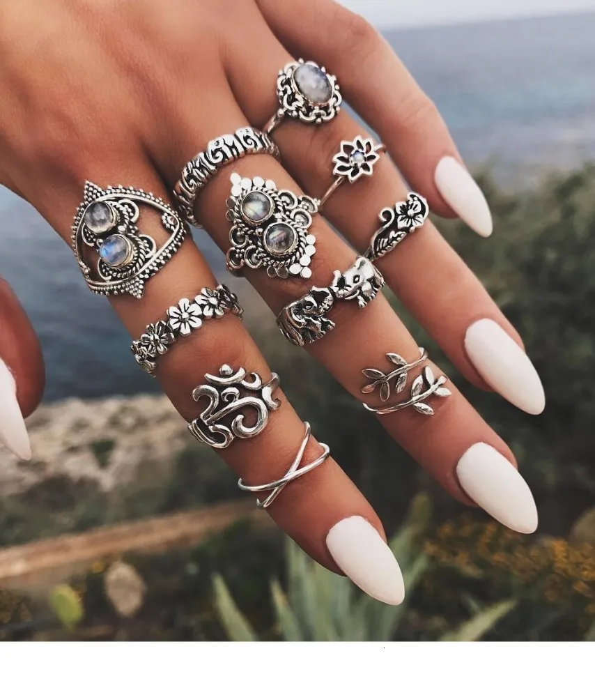 Bague Femme, винтажные кольца для женщин, геометрической формы, в стиле бохо, цветок, кристалл, кольцо на кончик пальца, набор, богемный, миди, ювелирные изделия, серебряный цвет