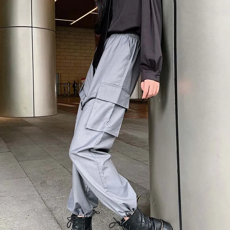 

NORMOV Casual Women Pants Solid High Elastic Waist Pockets Foot Mouth Bandage Polyester Trousers Loose Femme Cargo Pants