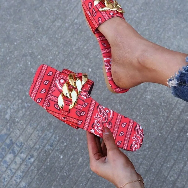 

KANCOOL Punk Sandals Women Summer Square Toe Gold Chain Slippers Flat Ladies Shoes Fashion Outdoor Flip Flops Plus Size