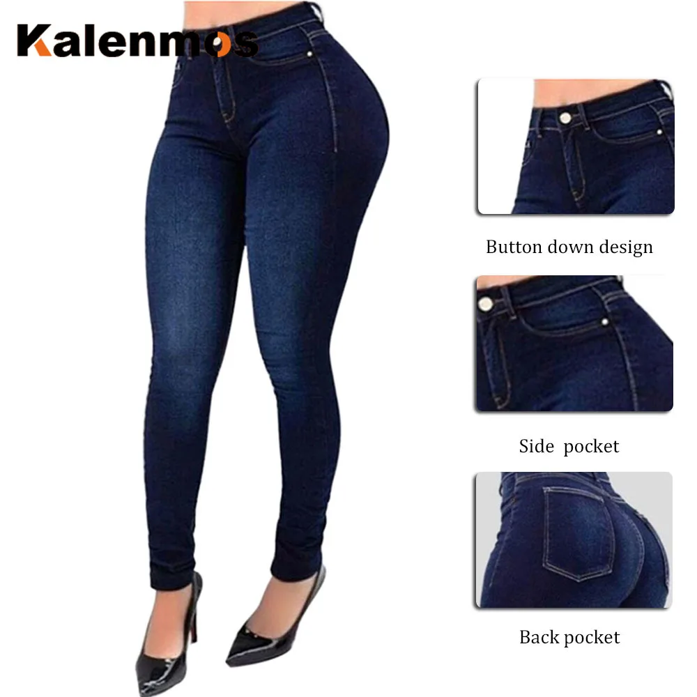 

Women High Waist Skinny Denim Jeans KALENMOS Stretch Slim Pants Calf Length Jeans Casual Button Office Work Lady Pants Plus Size