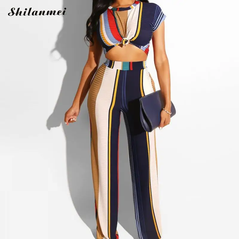 

Повседневный комплект из 2 предметов, плюс размер, комплект из двух предметов, женская уличная Летняя мода с принтом, полосатые топы с круглы...