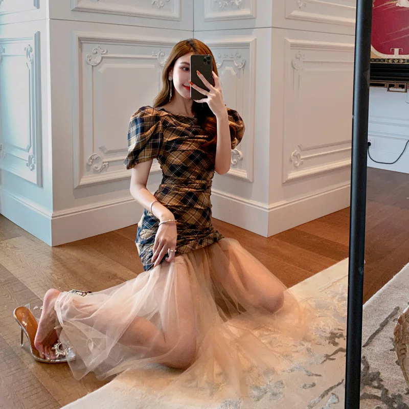 

2 Piece Mesh Elegant Sexy Party Dress 2020 Summer High End Women Dresses O Neck Short Sleeve Ladies Vintage Classy Plaid Dress