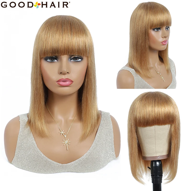 

Парик из человеческих волос с челкой, парики боб для черных женщин, прямые короткие 100% бразильские волосы без повреждений, парик машинной ра...