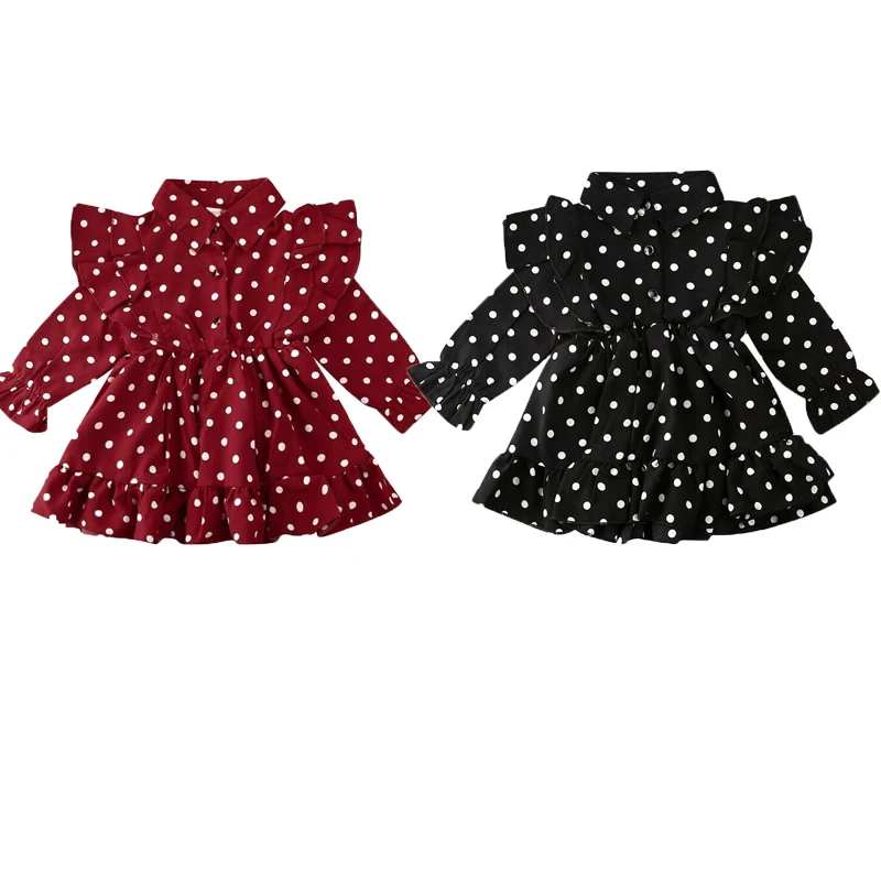 1-7Y Toddler Baby Girls Dress Clothes Princess Long Sleeve Ruffle Swing Dot Print Casual Outfits | Детская одежда и обувь