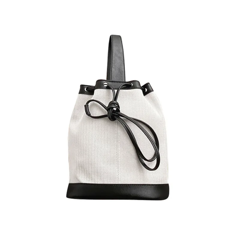 

Hot Ins Women's Bag Small Handbags Female Canvas PU Drawstring Round Bucket Bag Japan Ladies Crossbody Shoulder Bag