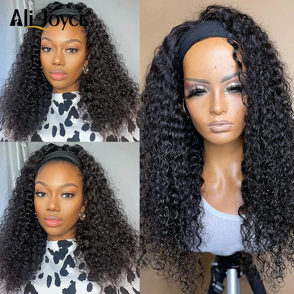 

Glueless Deep Curly Headband Wigs Brazilian Human Hair for Black Women Scarf Wig Remy Hair Wigs Non Lace Wig Natural Black Color