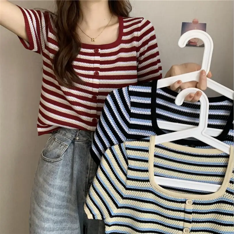 

Summer Knitted Short-sleeved Women's T-shirt Trendy Lady Design Sense Thin Striped T-shirt Slim Slimming Square Neck Short Top