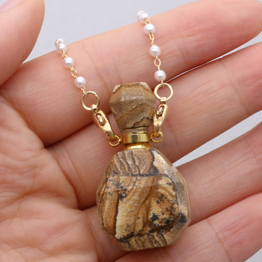 

Natural Picture Stone Perfume Bottle Necklace Double Hole Pendant Aromatherapy Bottle Essential Oil Bottle For Women Jewelry