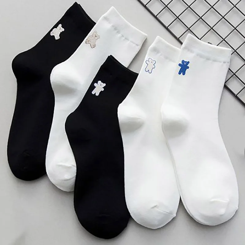 

Korean Street Style Women Socks Sport Fashion All-Match Soft Cotton With Cute Bear Print Middle Tube Summer Trend Top Quality