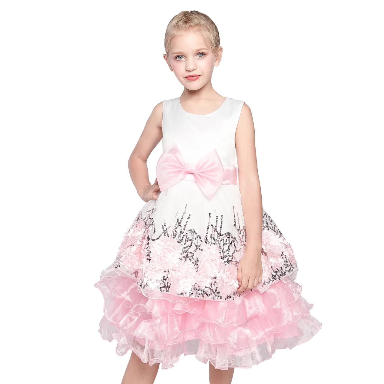 

Платье с цветочным узором для девочек 2020 г., летние платья принцессы с розовым галстуком-бабочкой для свадебной вечеринки детская одежда На...