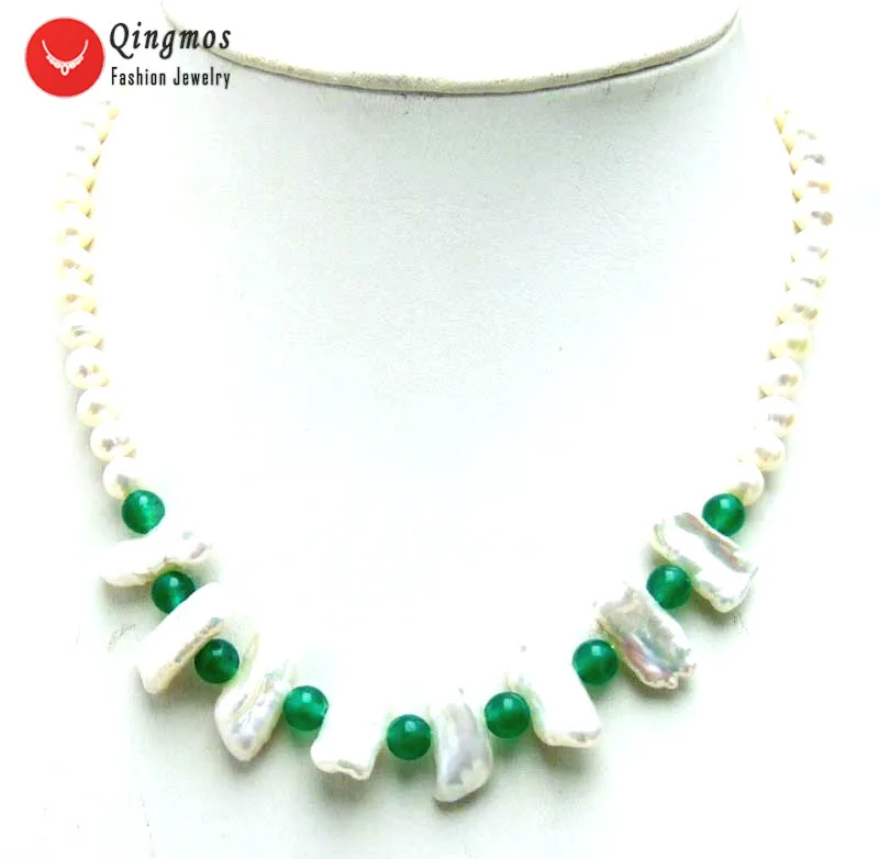 

Qingmos Natural 20mm Biwa White Pearl Pendant Necklace for Women with 6mm Round White Pearl & Green Jades Necklace 17'' Chokers