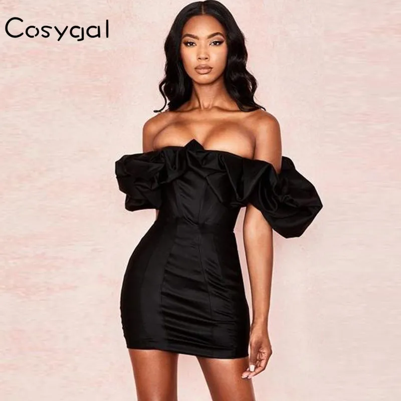Black COSYGAL осеннее модное черное платье для женщин с оборками на рукавах, вечерние, для ночного клуба, сексуальное платье без бретелек, облегающие платья, короткие платья - Цвет: Black