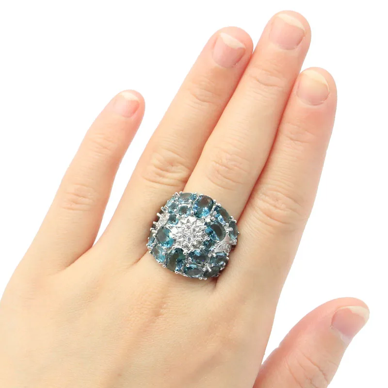 

24x22mm 9.63g Real 925 Solid Sterling Silver London Blue Topaz CZ Gift For Girls Rings