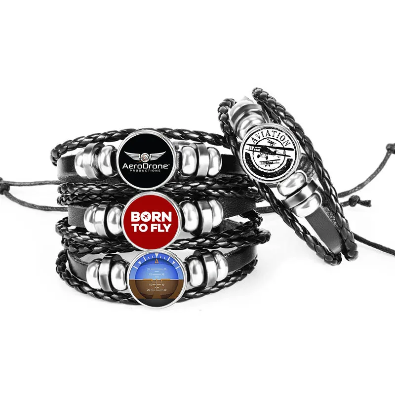 

New Women Fashion Black Handmade Braided Leather Bracelet Classic Airplane Elements 18mm Glass Dome Bracelet Jewelry for Men