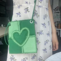 vintage design womens mini crossbody bags female stitching green heart purse handbags cool girls y2k small pouch shoulder bag