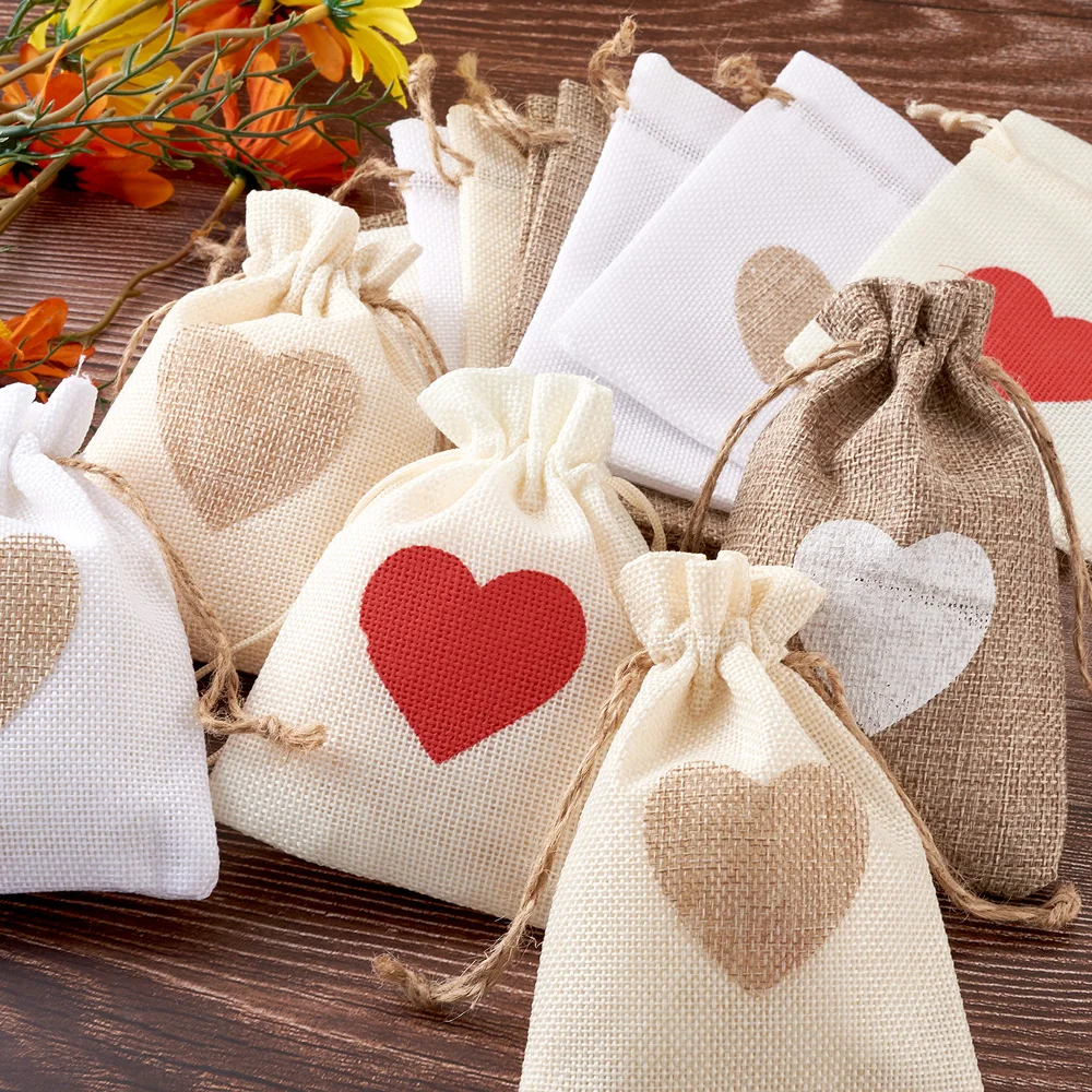 24pcs 14x10cm Burlap Packing Pouches Drawstring Bags Gift Bag Candy Wedding Party Valentine's day Favor Pouch Packaging Storage