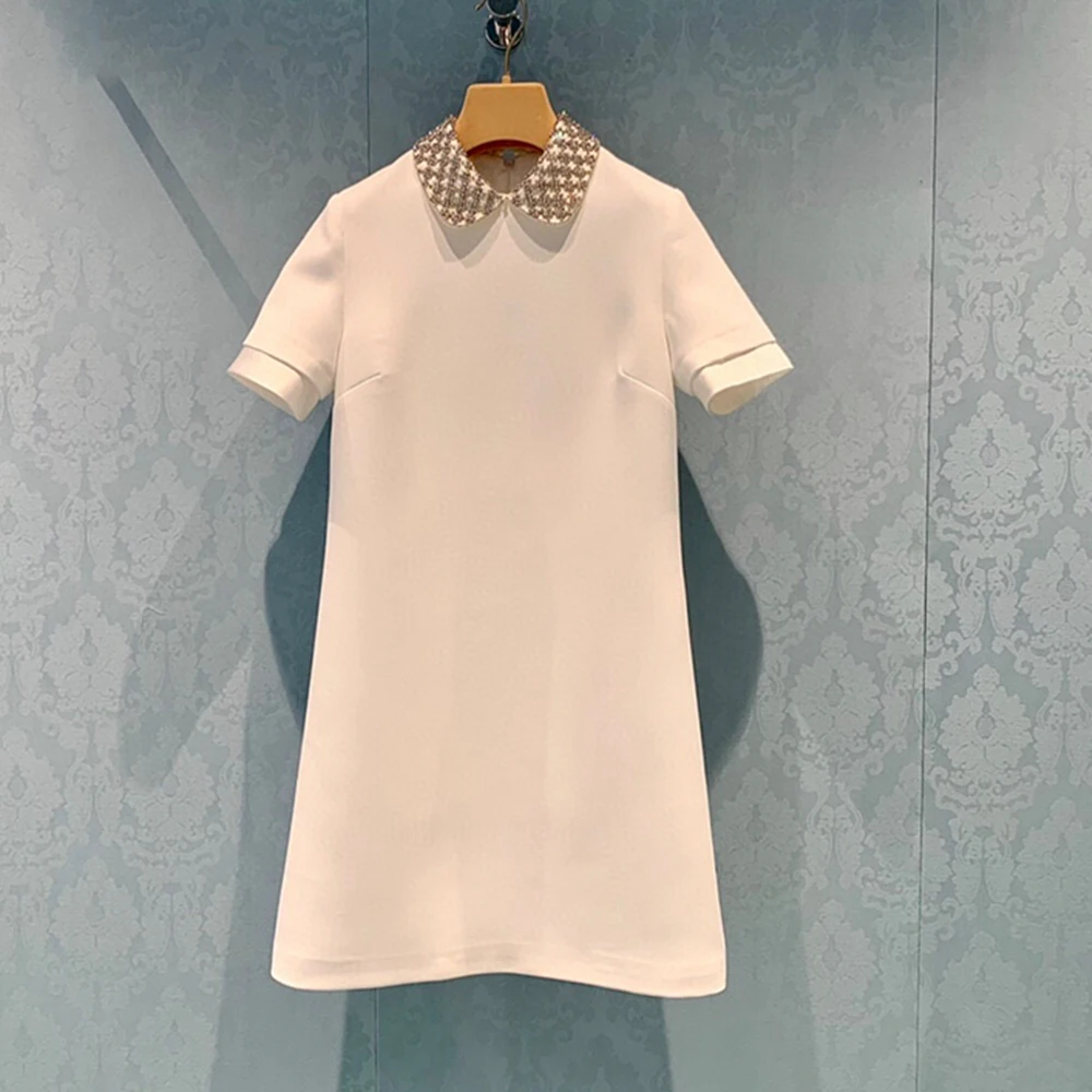 

Luxury Korean Fashion Clothes for Women 2021 Summer Crystal Beading A-line Mini Dress Elegant Short Sleeve Woman Dress Female