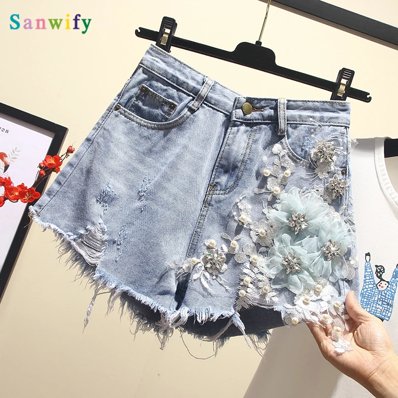 

Summer 2020 Fashion Womens High Waist Ripped Hole Beading Denim Shorts Rhinestone Flower Shorts