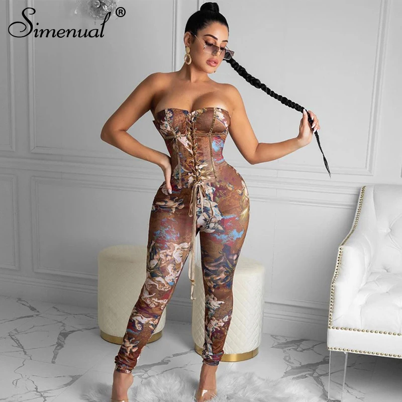 

Simenual Lace Up Strapless Print Jumpsuits For Women Bodycon Aesthetic Pattern One Piece Outfits Midnight Clubwear Long Rompers