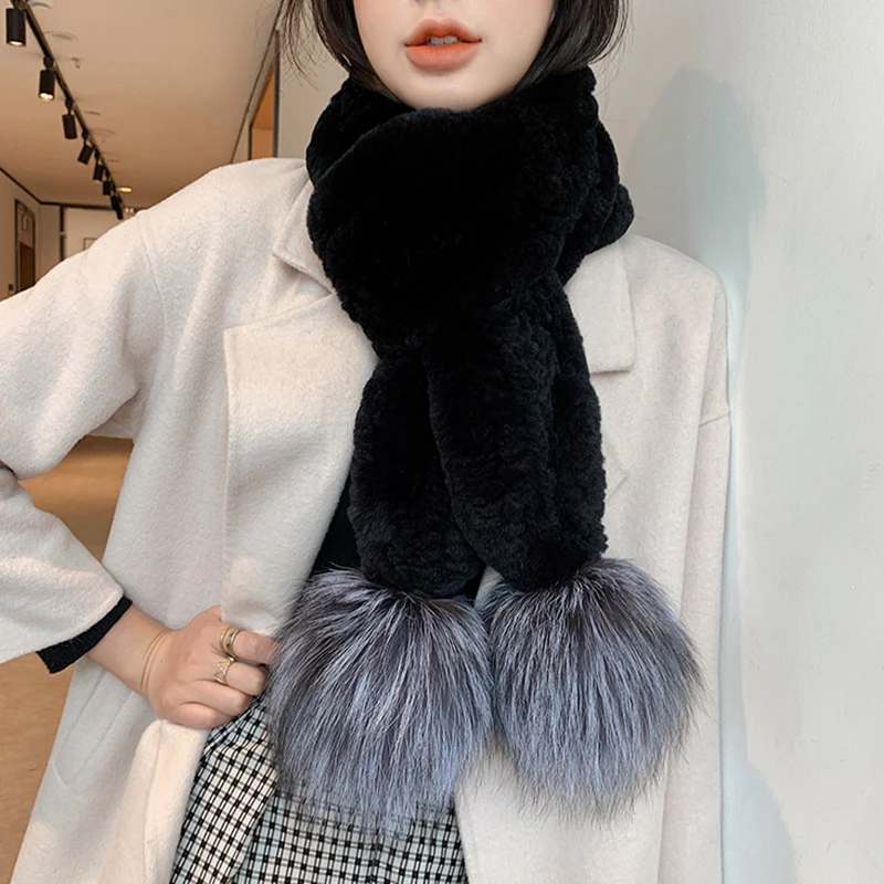 Женский настоящий шарф из меха кролика рекс с двумя серебряными помпонами