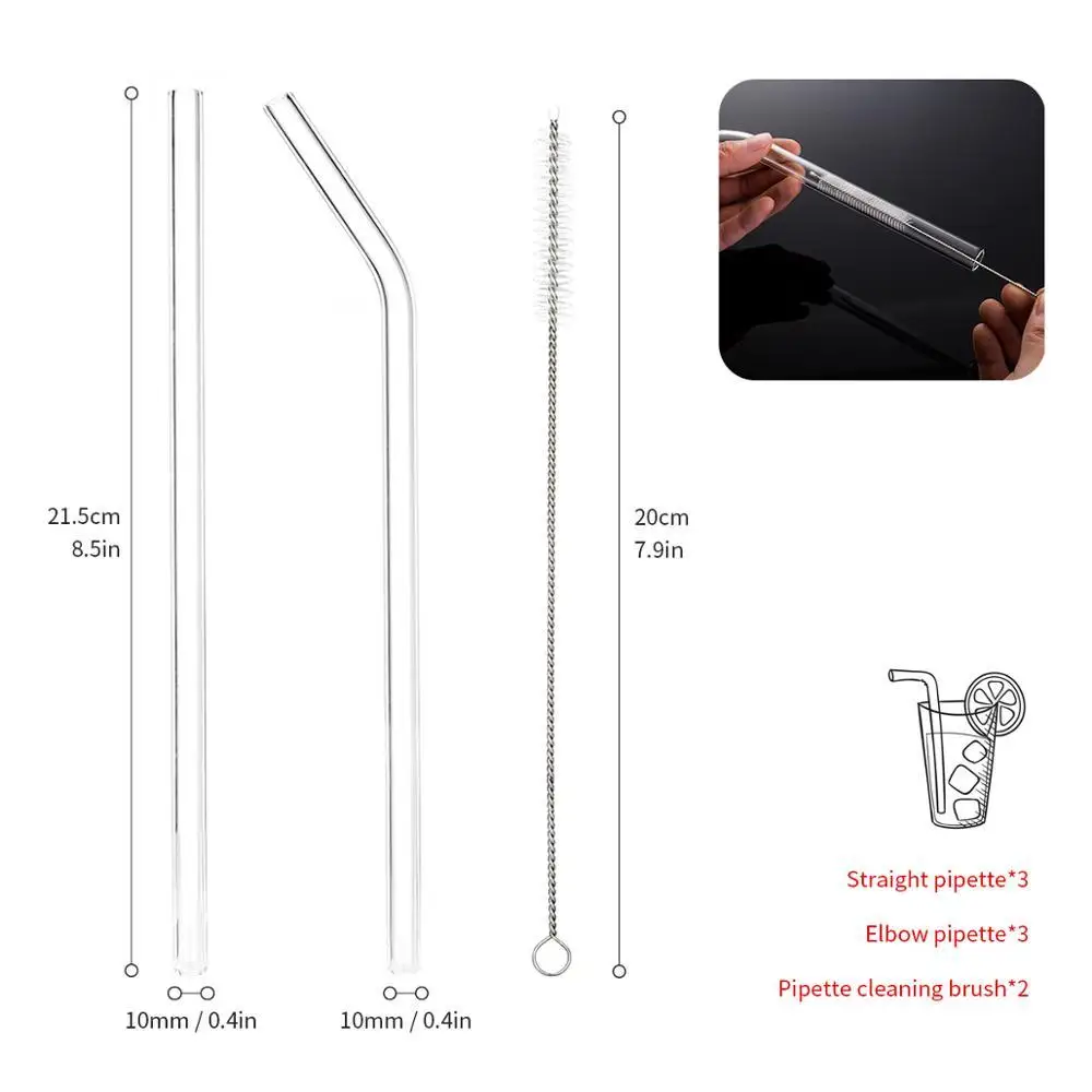 8pcs 10mm 8 шт стеклянная соломинка прозрачная Питьевая соломинки многократного использования дозаторы прямые изогнутые здоровые чистые холодные Bevarage Коктейльная Чистящая Щетка - Цвет: 8pcs 10mm