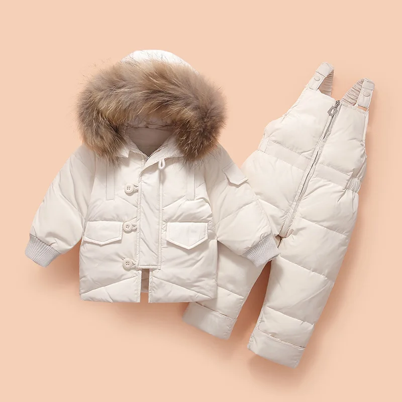 Thick Warm Infant Baby Snowsuit 2pcs Hooded Buttons Down Jackets+Jumpsuit New Winter Toddler Boys Girls Clothing Sets Snow Wear