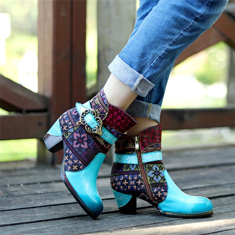 Women Winter boots Genuine leather Ankle Boots Motorcycle Leather thick heel short shoes winter blue | Обувь