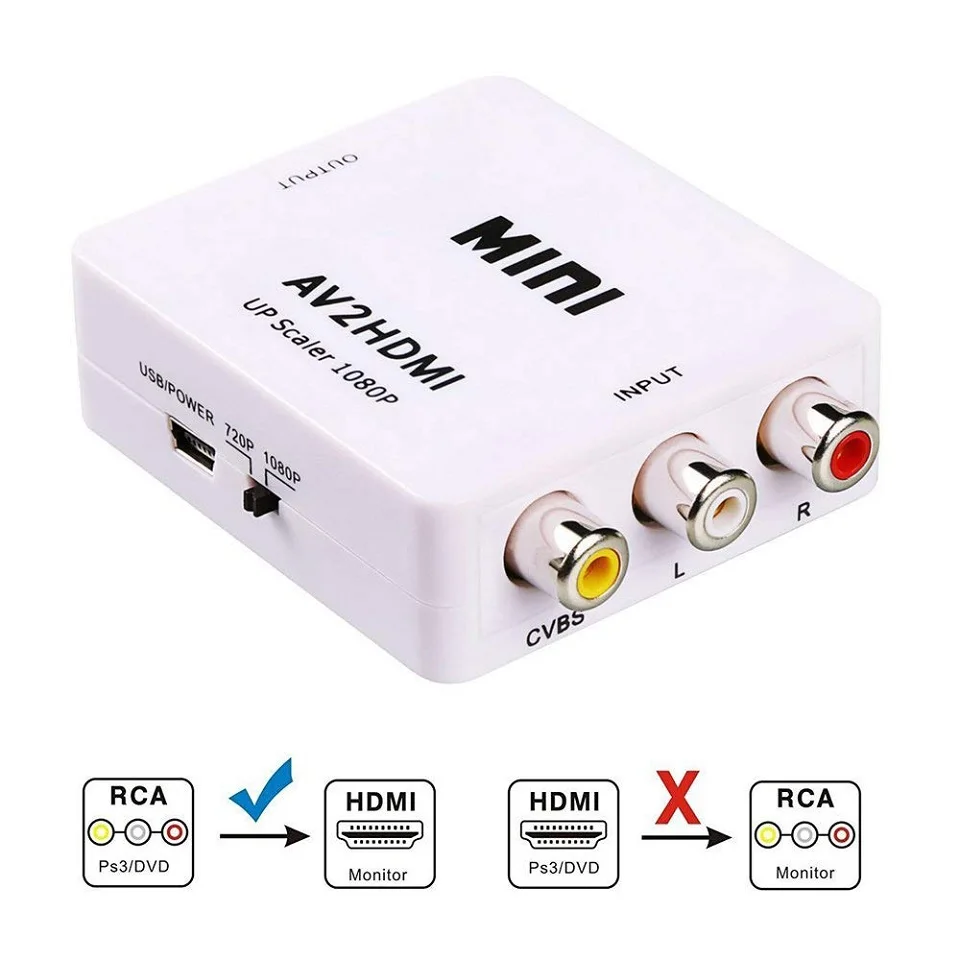 Мини 1080P композитный AV RCA в HDMI видео конвертер адаптер Full HD 720/1080p UP Scaler AV2HDMI для TV