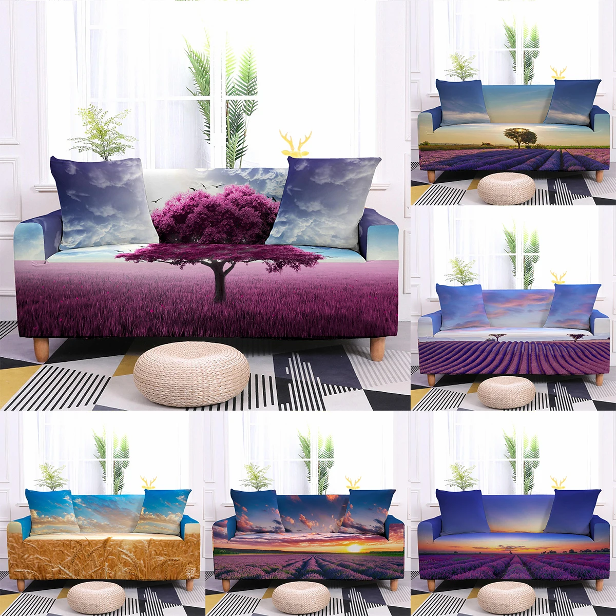 

Lavender Manor Elastic Sofa Cover Pastoral Scenery Purple Floral Couch Covers Tree Sunset Glow Landscape Sofa Slipcover 1-4 Seat