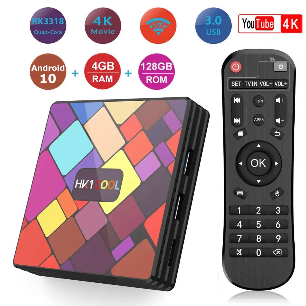 

2020 New HK1 Cool Android 10 Smart TV Box Rockchip RK3318 4GB RAM 128GB ROM BT4.0 5G Dual WIFI 3D USB 3.0 HDR 4K Set Top Box
