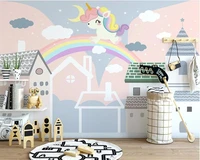 beibehang custom nordic hand painted cartoon small house unicorn childrens room interior background papel de parede wallpaper